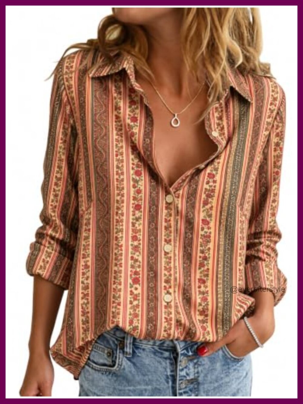 Womens Striped Long Sleeve Button Down Shirt V-Neck Blouse Business Casual